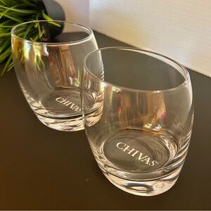 Set Of 2 Chivas Regal Slanted Tilted Leaning Bottom Etched Glass Lowball Rocks